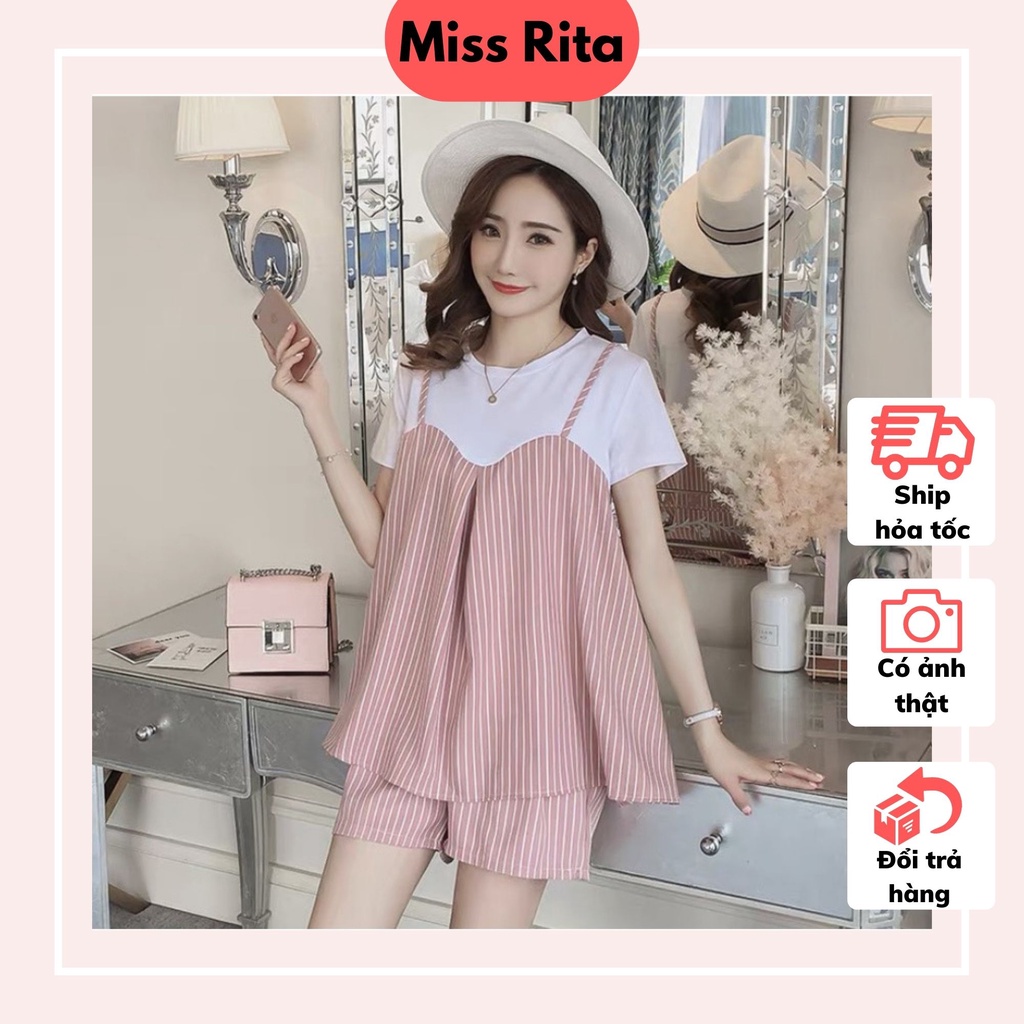 Bộ bầu Mặc nhà MISS RITA cộc tay dáng xòe dạng áo yếm liền kẻ sọc thiết kế bởi Miss Rita