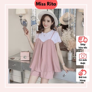 Bộ bầu Mặc nhà MISS RITA cộc tay dáng xòe dạng áo yếm liền kẻ sọc thiết kế