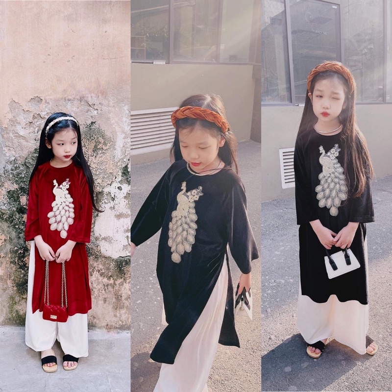 Set Áo Dài Bé Gái Vải Nhung Tuyết Đính Hình Con Công Đủ Size 5-9 tuổi