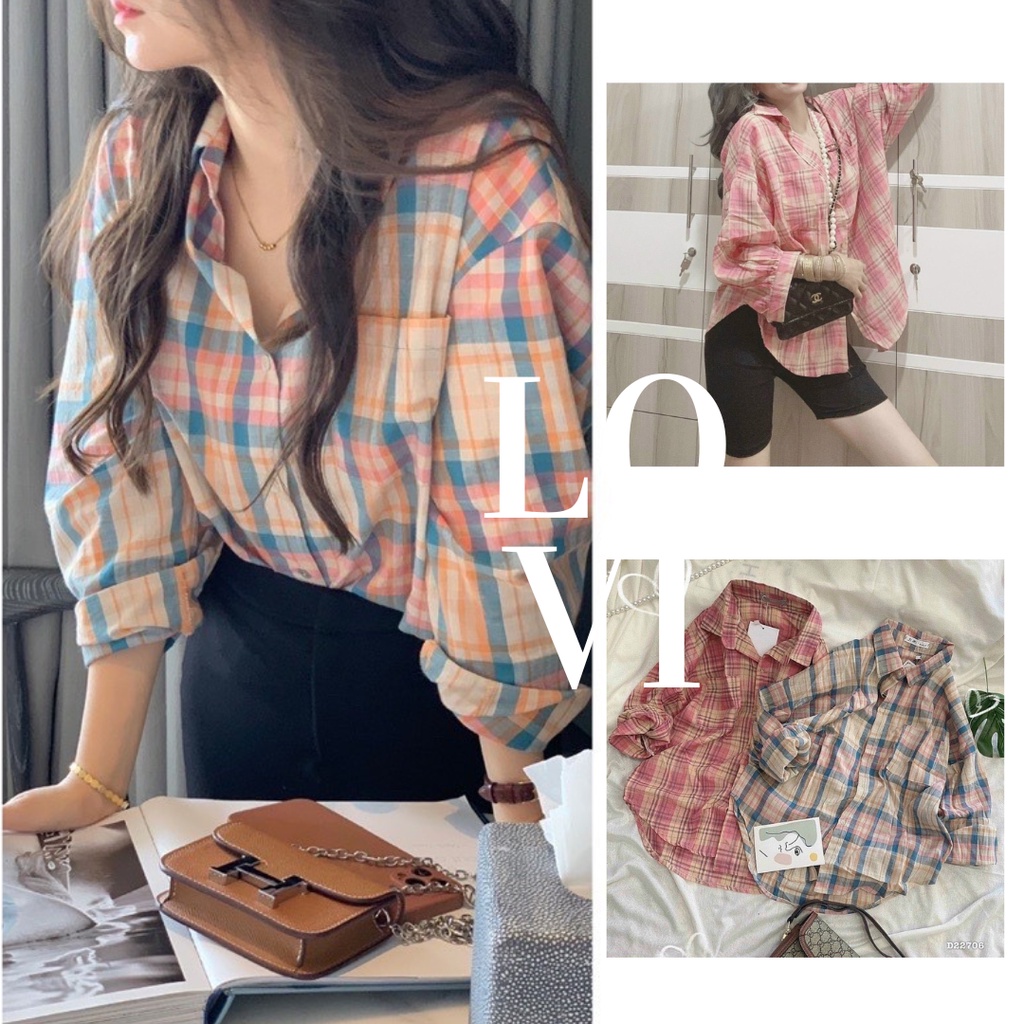 Áo sơ mi cánh dơi caro 2 túi form rộng nhiều màu Lovi