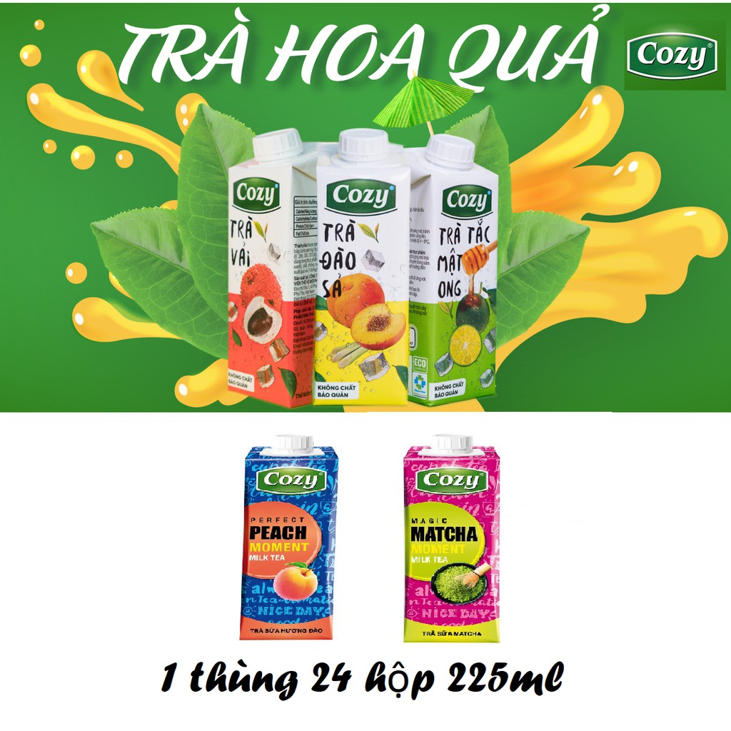 Trà Cozy thùng 24 hộp 225ml (trà vải, trà đào xả, trà tắc, trà sữa đào, trà sữa matcha) - trà hoa quả uống liền