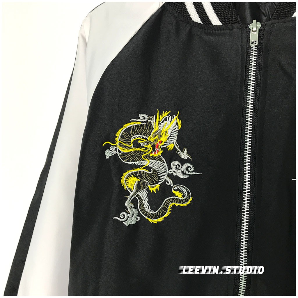 Áo Khoác Dù 2 Lớp BOMBER Thêu Rồng Đen DRAGON Unisex Nam Nữ - Leevin Store