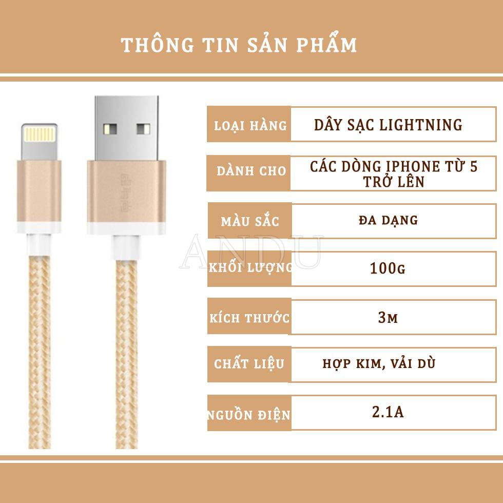 Dây Sạc ĐT IPBọc Dây Dù Dài 3 Mét Chống Rối Chống Đứt