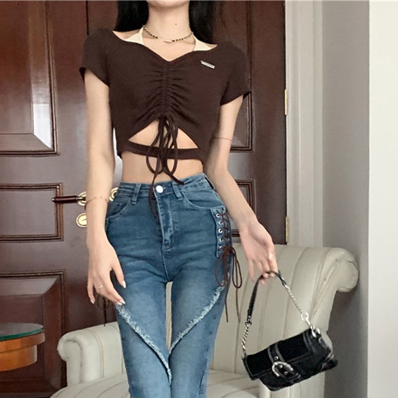 Áo Thun Ngắn Tay Cổ Chữ V Thiết Kế Lệch Tà Quyến Rũ Thời Trang Cho Nữ