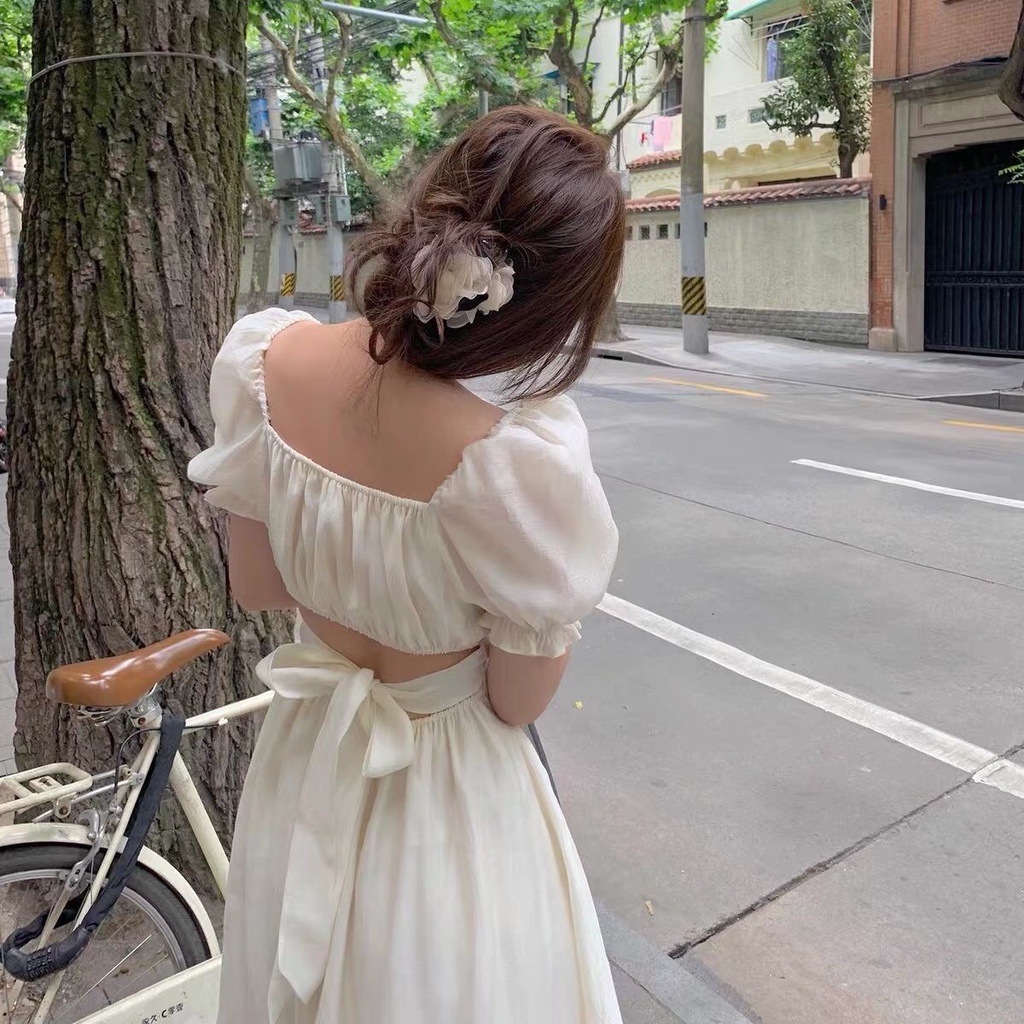 Đầm đi tiệc váy chụp ảnh tiểu thư hở lưng cổ vuông tay phồng shop Đậu Xinh - V509