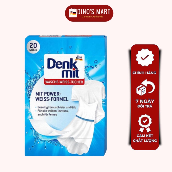 Giấy Tẩy Trắng Quần Áo Denkmit 20 Miếng Wasche Weiss Làm Trắng Quần Áo Xỉn Màu Hàng Nội Địa Đức
