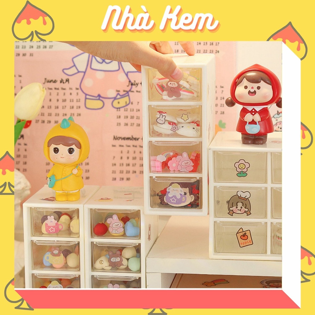Hộp tủ nhựa mini 4 ngăn trắng trong tặng kèm sticker