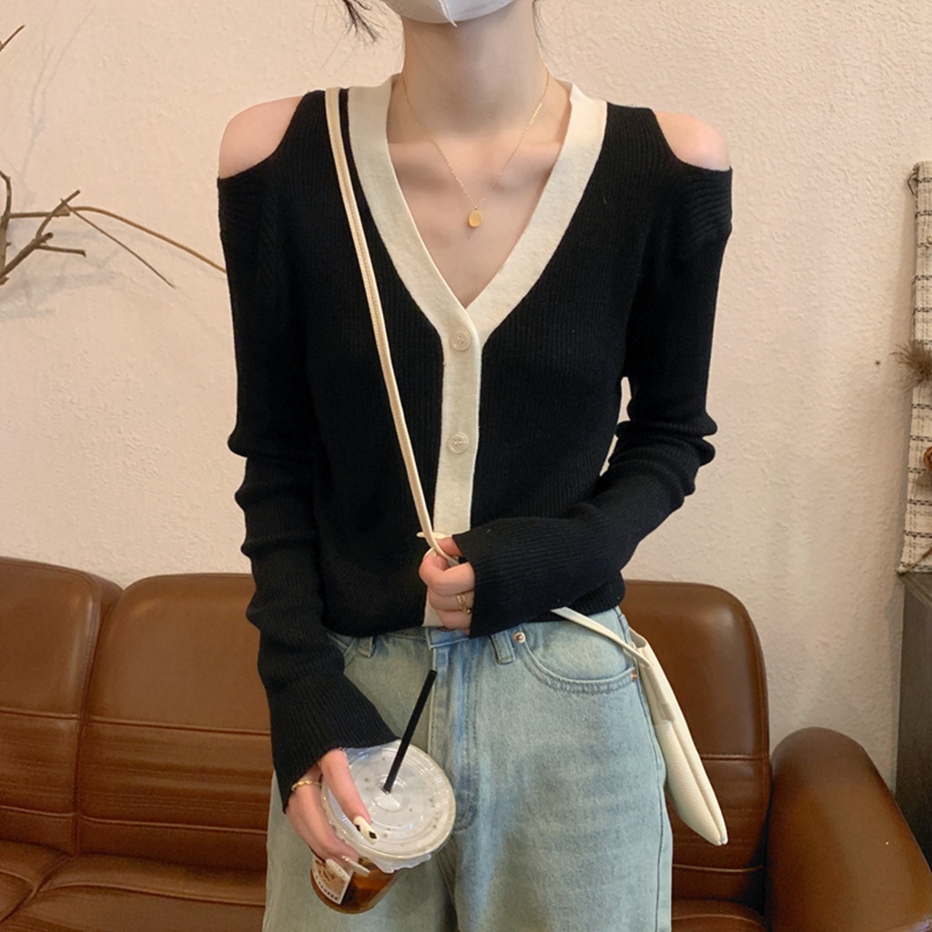 ZHELIHANGFEI Áo Cardigan Dệt Kim Tay Dài Cổ Chữ V Lưng Cao Gợi Cảm