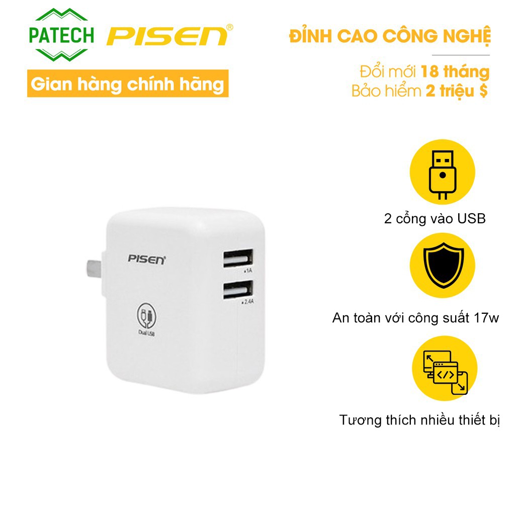 Sạc Pisen Dual Port 2.4A -Sạc 2 cổng USB