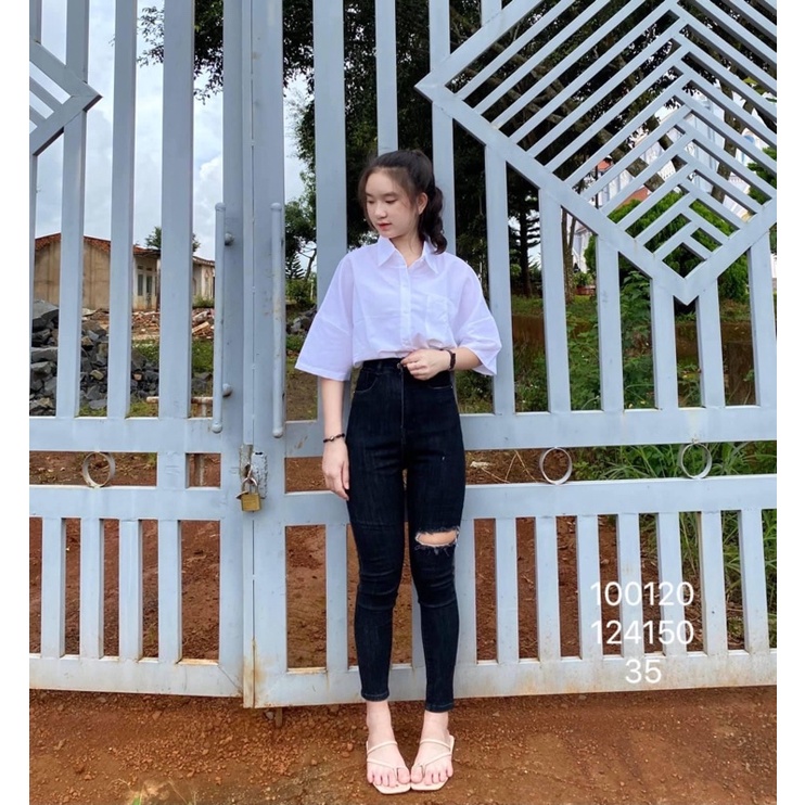 Set jeans dài co giãn rách 1 ô xám đen + Sơ mi tay lỡ