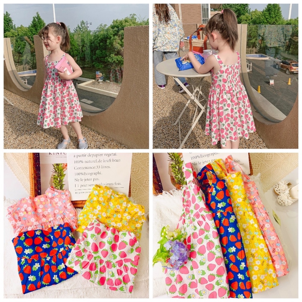 Váy 2 dây xinh xắn bé gái 8-25kg VH001, họa tiết hoa nhí, nhún lưng điệu đà