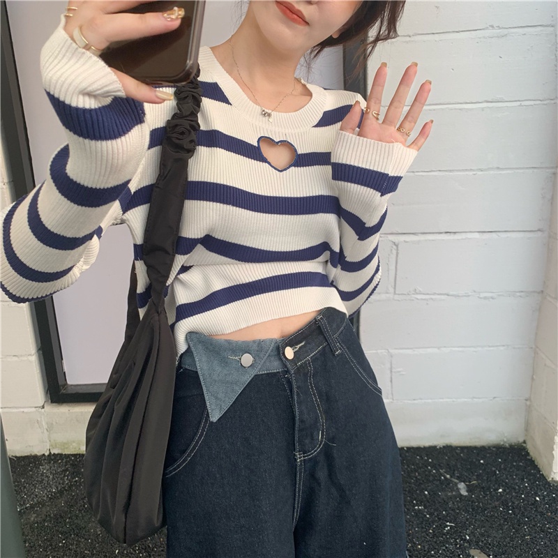 Áo kiểu ZHELIHANGFEI dệt kim tay dài ôm vừa vặn họa tiết kẻ sọc ngang thời trang