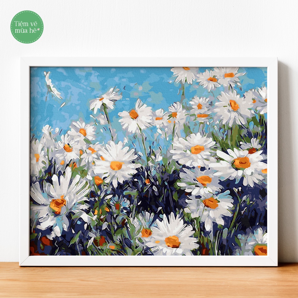 ✅Tranh tô màu theo số - Hoa cúc trắng đã căng khung 40x50cm 22 màu