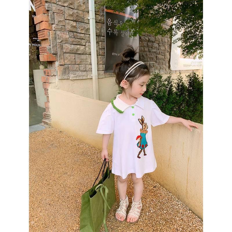 Đầm cotton dài giữa cổ áo polo in hình hoạt hình phong cách Hàn Quốc cho bé gái
