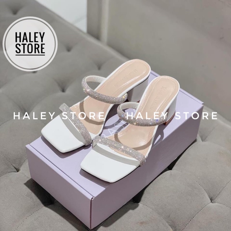 Giày guốc nữ HALEY STORE gót vuông 7cm hai quai đính đá xoàn phale sáng rẻ bền đẹp tiểu thư thời trang mới đi chơi tiệc