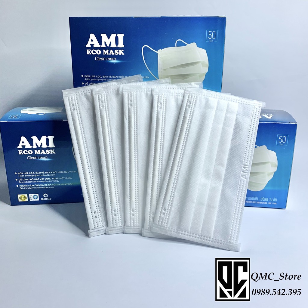 Khẩu trang y tế, Khẩu trang Ami 4 lớp màu trắng, hộp 50c, hàng chính hãng #qmc