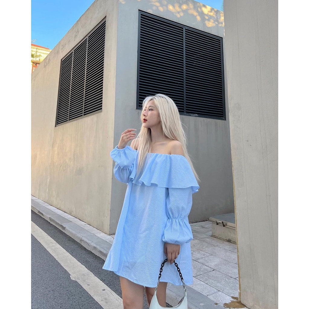 [SẴN/VIDEO] ÁO VÁY TRỄ VAI KẺ XANH BÈO TAY BO SIÊU XINH DỄ MẶC