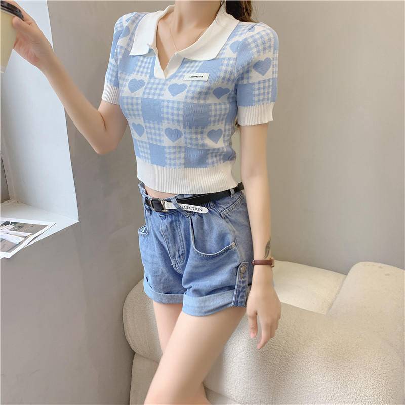 Áo Thun polo Ngắn Tay Dệt Kim Mỏng Ôm Dáng Họa Tiết Sọc Ca Rô Thời Trang Mùa Hè Cho Nữ