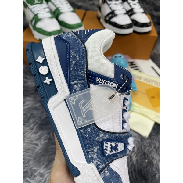 Giầy Thể Thao Louis Vuitton LV Trainer Monogram Denim White Green Xanh Trắng -Vải Bò- Đen Best Siêu Cấp Dế Khâu