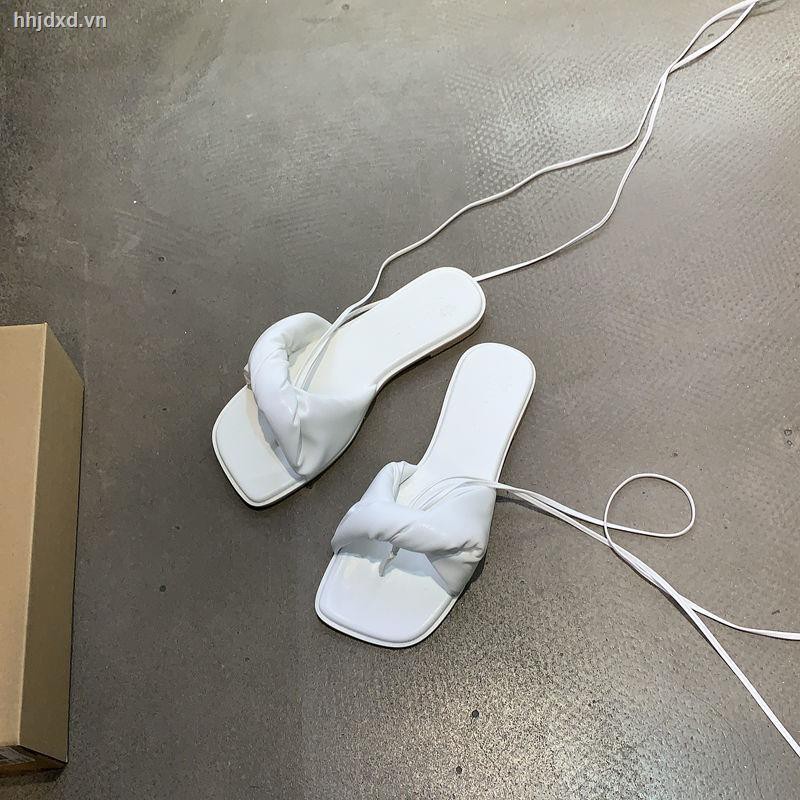 Dép buộc dây đế bệt mũi vuông phong cách Hàn Quốc thời trang mùa hè 2021 mới