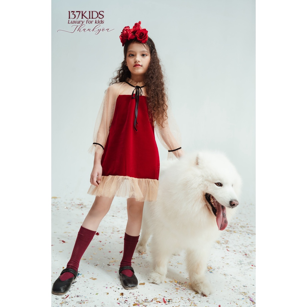 Váy nhung đỏ thiết kế tay voan 137KIDS dáng xòe cho bé gái