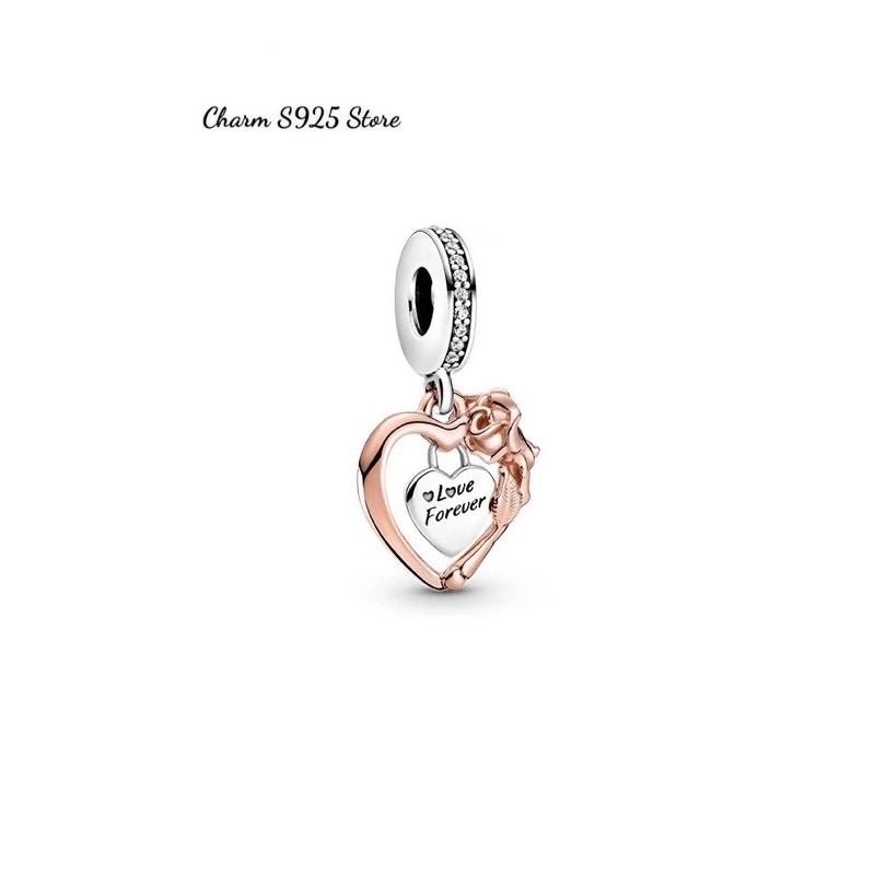 combo bộ vòng tay pan Ale khoá T mix 4 hạt charm tim hoa hồng bạc s925