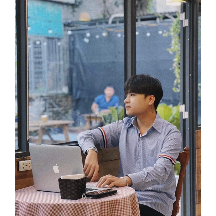 Áo sơ mi dài tay nam mẫu kẻ xanh trắng sọc tay , vải Cotton xịn, chuẩn form - Regular fit, đứng form - HALIOMAN