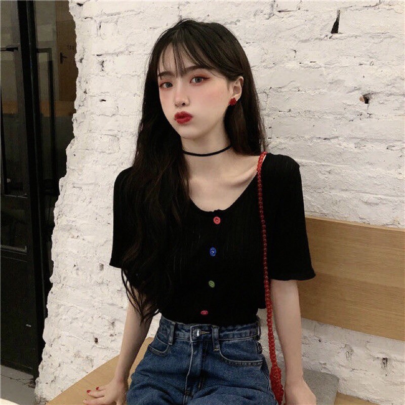 Áo Croptop nữ Ulzzang trơn body dính cúc màu