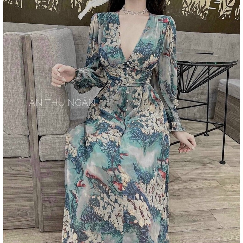 Đầm maxi hoa tay dài cổ tim diện tết đi tiệc đi chơi siêu đẹp chất vải nhập siêu xịn