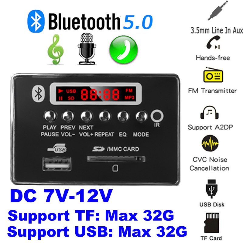 Bộ giải mã DC 12V Mp3 Bluetooth 5.0 Usb Fm 3.5mm dành cho xe hơi