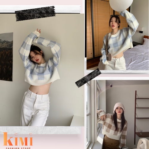 Áo len croptop tay dài kẻ ô vuông tay bồng hot trend