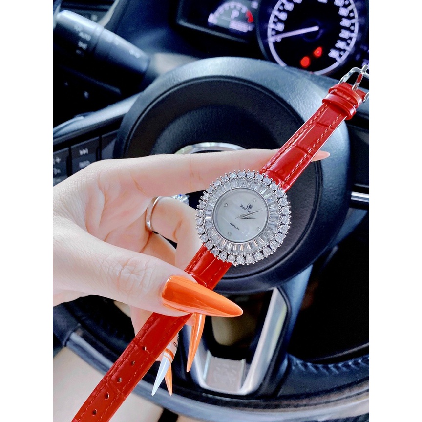 Đồng hồ nữ dây da, đồng hồ đeo tay nữ ROYAL CROWN chính hãng full hộp cao cấp, đính kim cương nhân tạo siêu sang chảnh