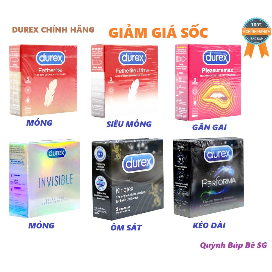 Bao Cao Su Durex Chính hãng Đủ Các Loại - Siêu Mỏng - Gân Gai - Kéo Dài Thời Gian - Ngăn Xuất Tinh Sớm