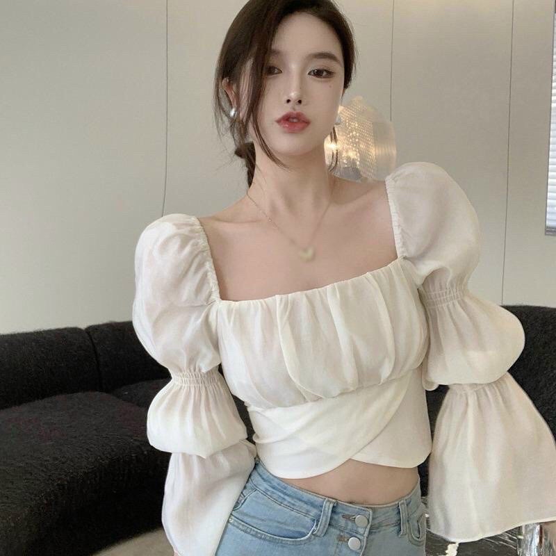 Hàng mới Áo Croptop Voan Cổ Vuông Tay Phồng Dài Thăt Nơ Eo Tiểu Thư Siêu Bánh Bèo