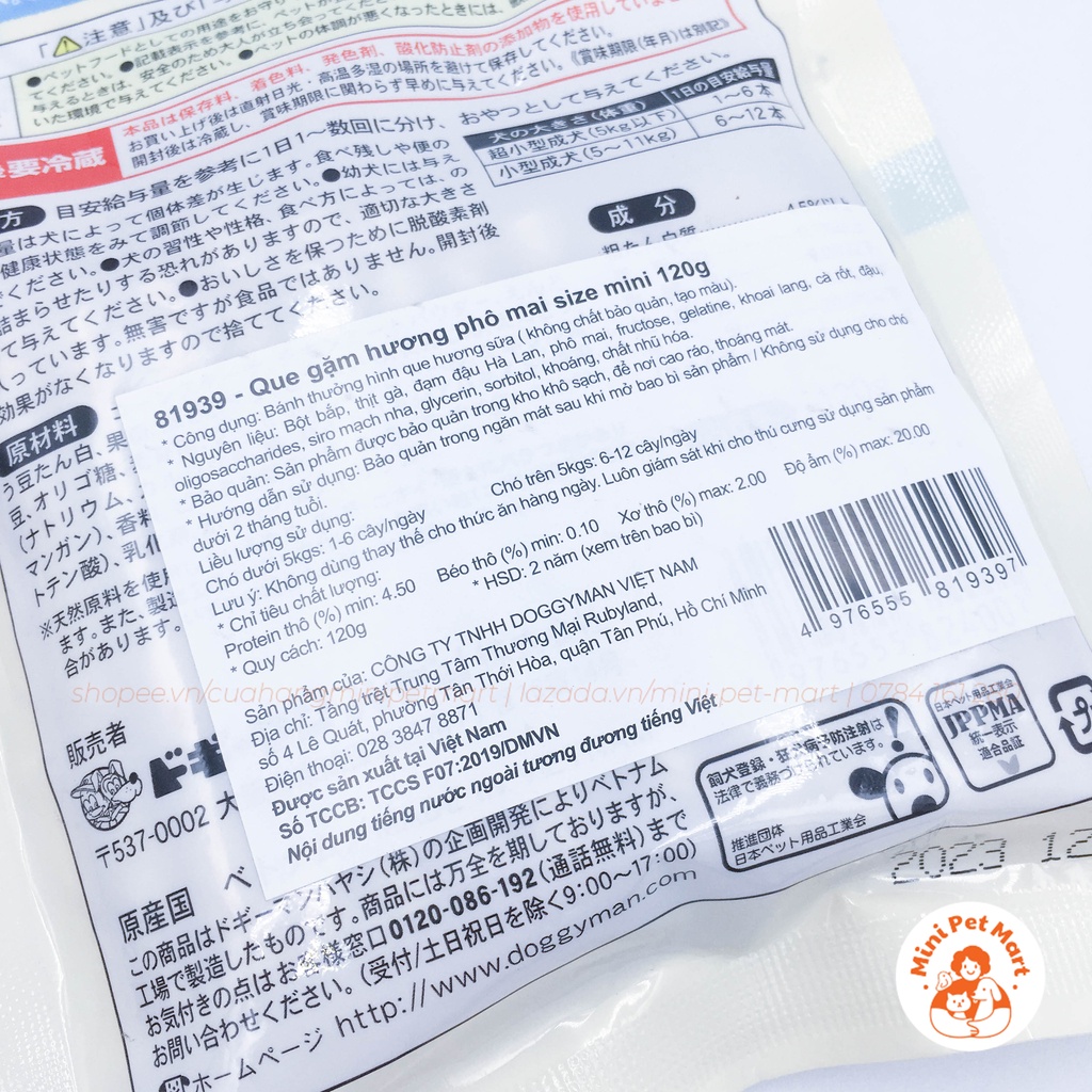Que gặm hương phô mai mini DOGGYMAN 120g (36 cái) - snack, bánh thưởng cho chó