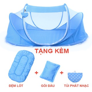 Màn, mùng, nôi chụp cho em bé có nhạc, kèm đệm lót, gối đầu