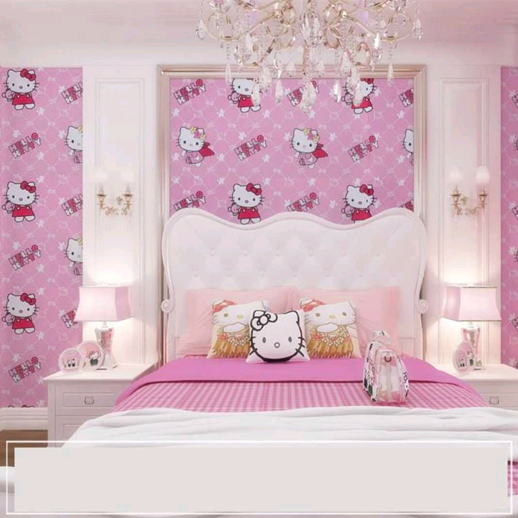 Có giảm phí vc khi mua sll.Giấy dán tường sẵn keo khổ 45cm. Mẫu hello kitty đậm