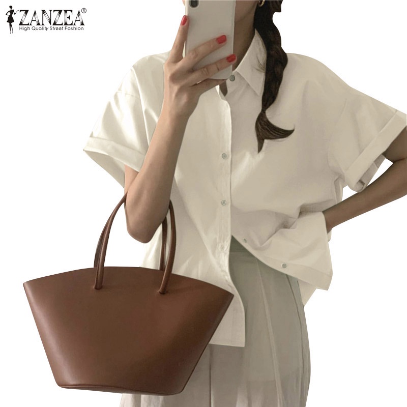 Áo sơ mi ZANZEA tay ngắn màu trơn cổ bẻ thời trang dành cho nữ