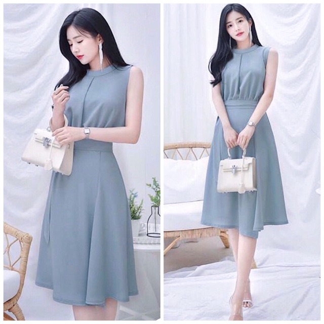 Đầm xám xanh thắt eo (kèm hình thật)