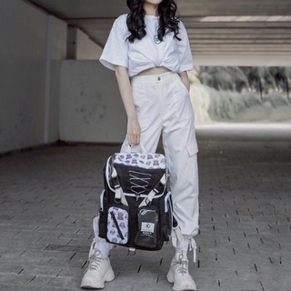 Quần jogger nữ lưng cao ống suông trắng