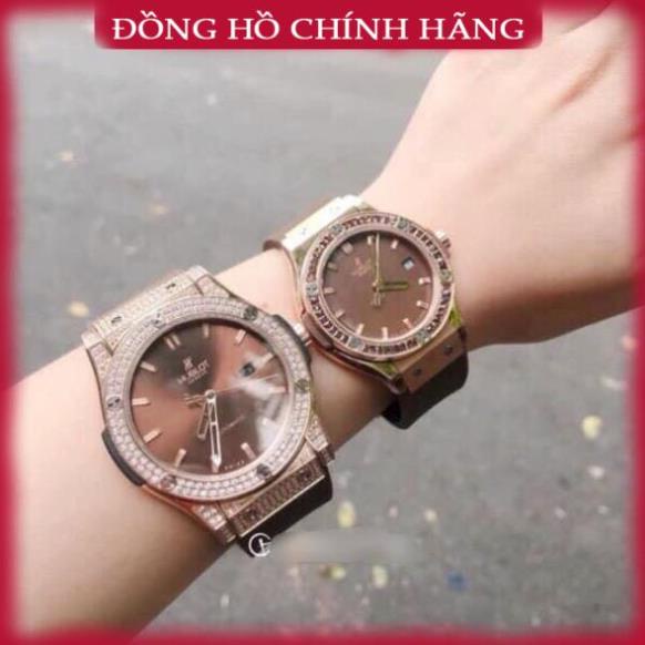 Đồng hồ Hu-blot Nữ vành đá cao cấp loại đẹp vàng hồng mặt cafe dây cao su nâu đẹp long lanh Wah
