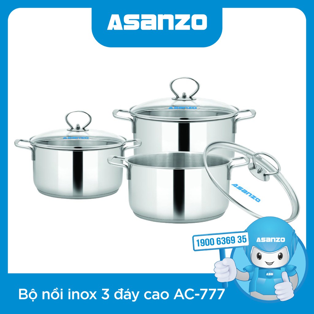 Bộ Nồi Inox 304 3 Đáy Cao Cấp Asanzo AC777 (Inox 3 đáy, Size: 16-20-24, Nắp Kính Cường Lực Chịu Nhiệt) - Hàng Chính Hãng