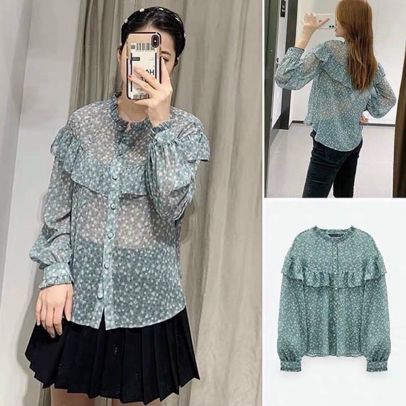 [FREESHIP - HÀNG LOẠI 1] ÁO SƠ MI HOA XANH VIỀN BÈO SIÊU XINH
