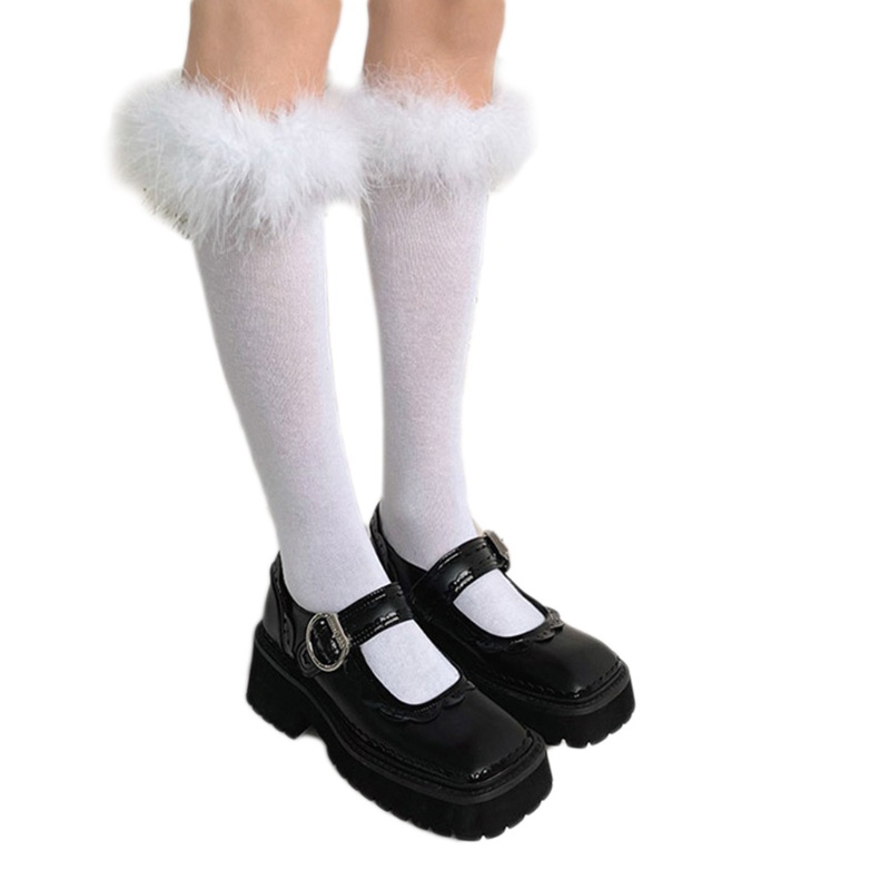 Đôi tất cổ cao ngang đầu gối lai viền lông vũ màu trơn ngọt ngào phong cách Kawaii Nhật Bản Bản