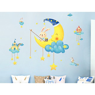Decal dán tường Hàn Quốc trang trí nhà cửa. quán cafe, văn phòng - Thỏ ngồi trên trăng