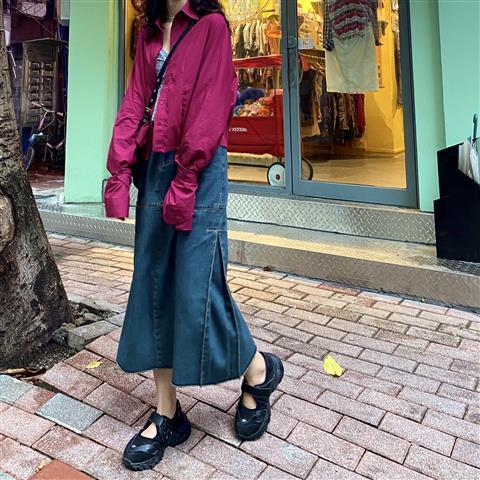 Chân Váy Jeans Lưng Cao Xẻ Tà Phong Cách Retro Cho Nữ | BigBuy360 - bigbuy360.vn