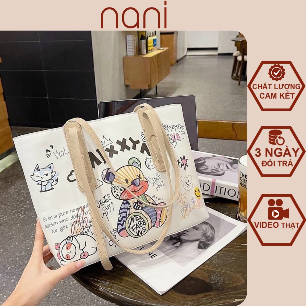 Túi tote nữ đeo vai họa tiết gấu MIXXY cực dễ thương, da mềm đựng vừa A4, Hà túi HT20