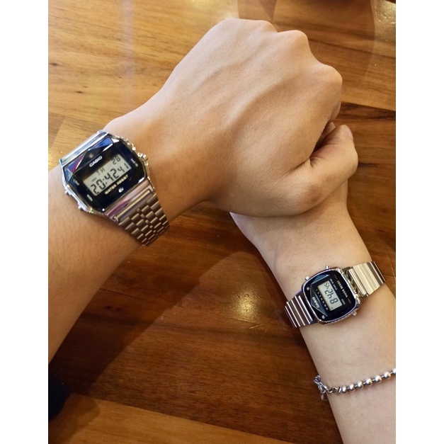 Đồng hồ Nam Casio A159WAD-1, đồng hồ chính hãng, bạc mặt đen kim cương