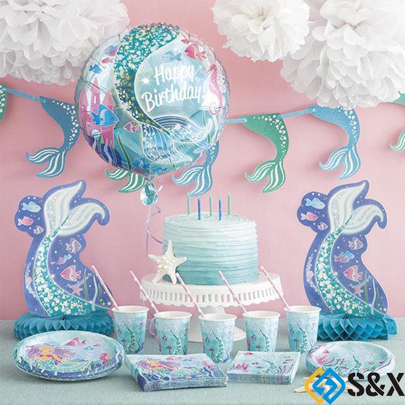 Mermaid Theme Party Supply Tableware Plates Cup Girl Birthday Decor Set / Baby Kids Children Birthday Party Tableware Hat Cups Plate Banner Set