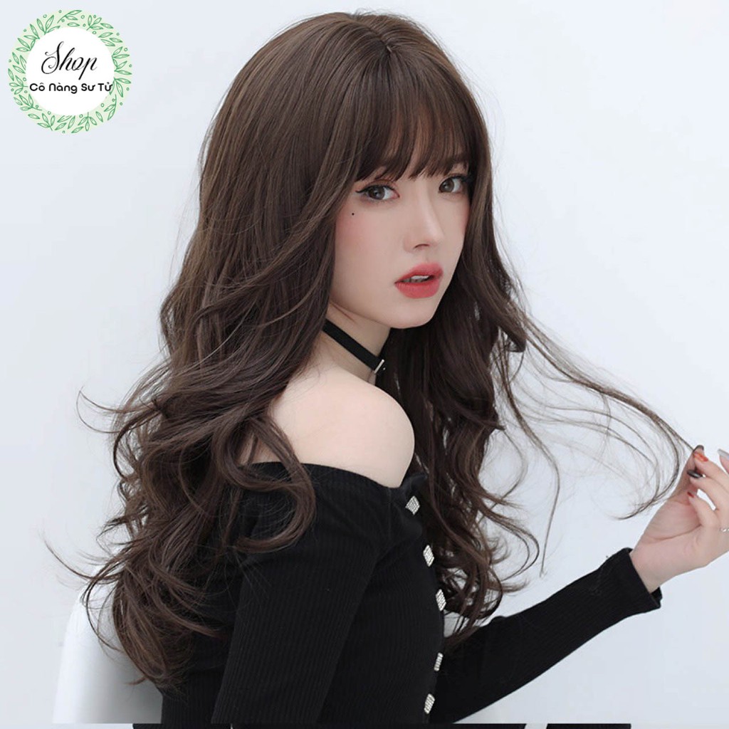 Tóc giả nữ xoăn sóng nước– tóc giả nguyên đầu dài mái thưa Hàn Quốc mềm mỏng nữ tính (tặng lưới tóc)
